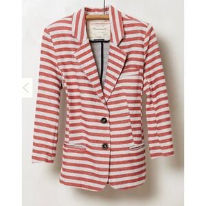 Anthro Cartonnier Women's Striped Blazer, Sz S, Coral & Gray, Casual Chic Preppy